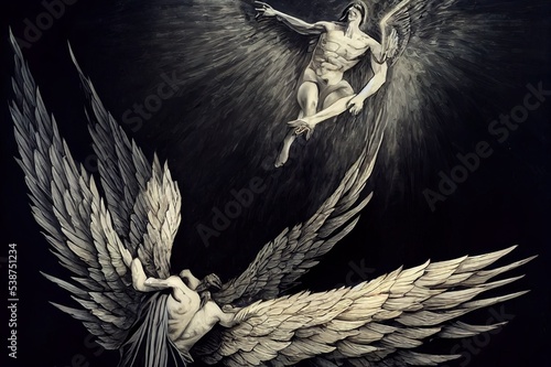 The angel Lucifer, exiled from paradise, falls from heaven, unable to fly on his broken black wings anymore, black silhouettes of people fall with him into the black abyss. 2d religious art photo