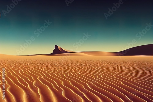 3d render  abstract fantastic background. Desert landscape with sand water and mirror arches under the clear blue sky