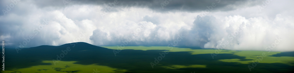 Green landscape with mountain and beautiful cloudscape. Panorama view of nature. Render Green landscape with mountain and beautiful cloudscape. Panorama view of nature. Render