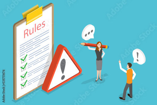 3D Isometric Flat Vector Conceptual Illustration of Regulatory Instructions , Company Rules and Compliance