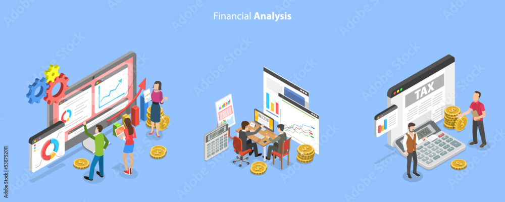 3D Isometric Flat Vector Conceptual Illustration of Business Analysis, Managing Financial Income
