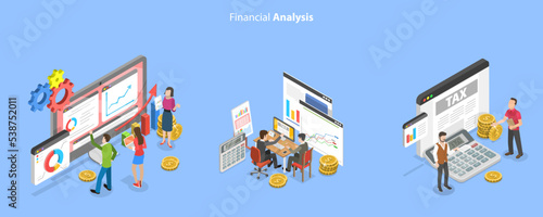 3D Isometric Flat Vector Conceptual Illustration of Business Analysis, Managing Financial Income
