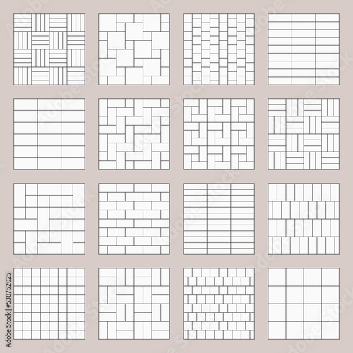 Set of 16 square and rectangle patterns in white with black borders