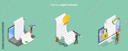 3D Isometric Flat Vector Conceptual Illustration of Signing Legal Contract, Electronic Signature