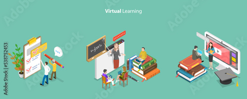 3D Isometric Flat Vector Conceptual Illustration of Virtual Learning, Education and Acquiring Knowledge
