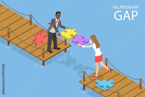 3D Isometric Flat Vector Conceptual Illustration of Relationship Gap, Megotiation and Agreement