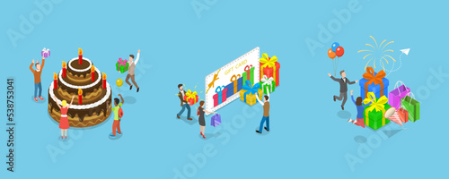 3D Isometric Flat Vector Conceptual Illustration of Celebrating Party, Happy Cheerful People