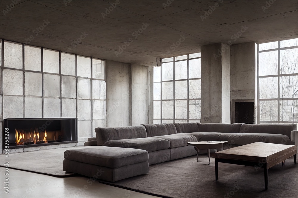 Fototapeta premium Gray velour sofa in a dark room the bright light from eternal light, and artificial fireplace. Interior loft with concrete walls