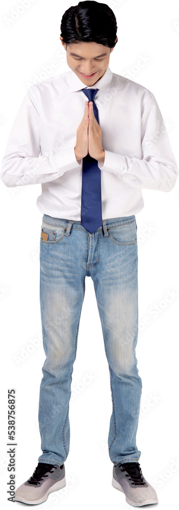 Obraz premium Happy young asian businessman to pay respect with hands, symbol of Thailand, happiness man with confidence, one person, business concept.