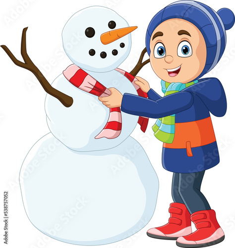 Cartoon little boy with a snowman