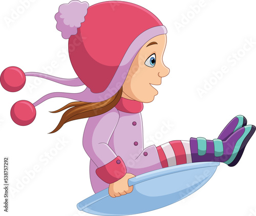 Cartoon little girl sledding down a hill