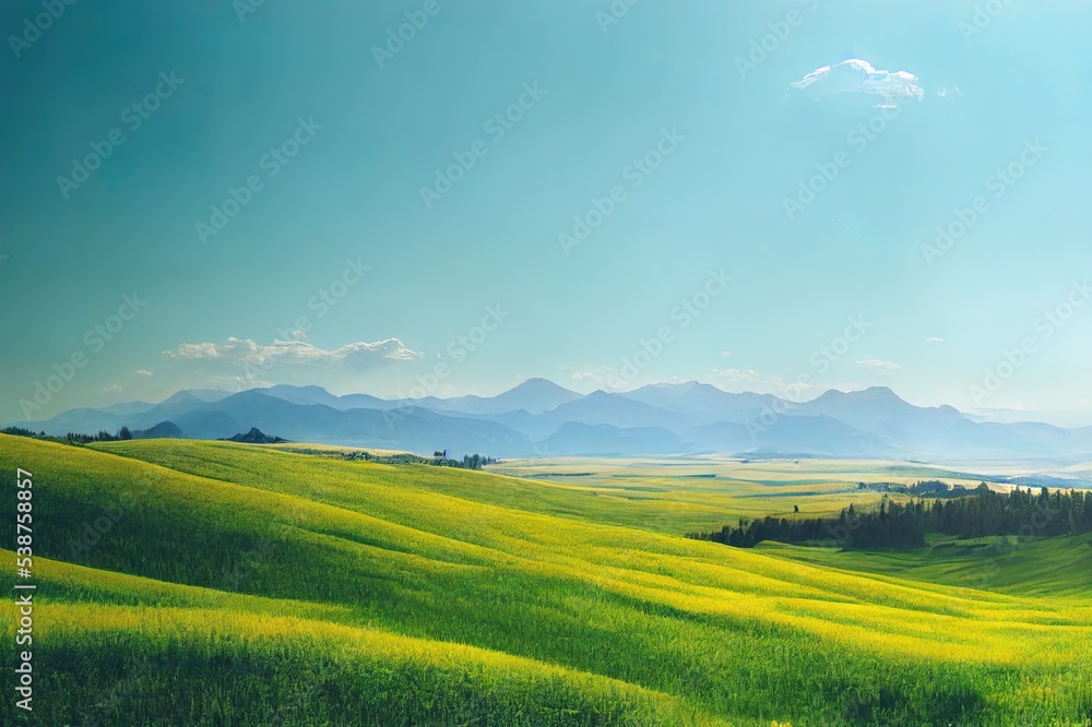Panorama of a green meadow in summer. Summer green mountain panorama. Summer mountain panoramic landscape. Mountain forest in summer