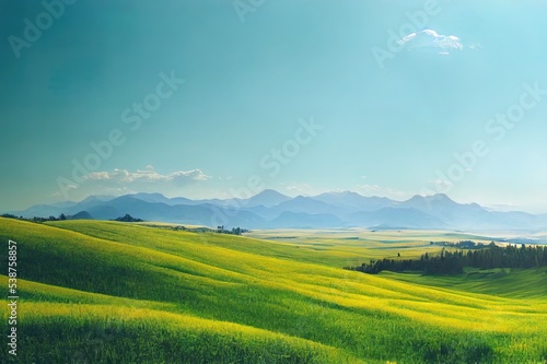 Panorama of a green meadow in summer. Summer green mountain panorama. Summer mountain panoramic landscape. Mountain forest in summer