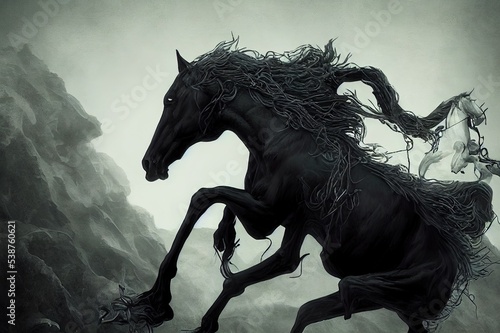 the horseman, grim reaper riding the horse jumping from a pile of human skulls, digital art style, illustration painting
