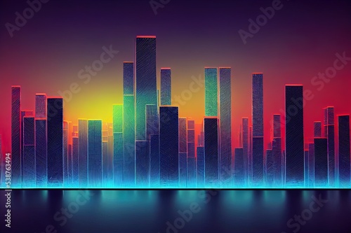 Abstract 3d city rendering with lines and digital elements. Digital skyscrappers with wire texture. Technology and connection concept. Perspective architecture background with wireframe skyscrapers.