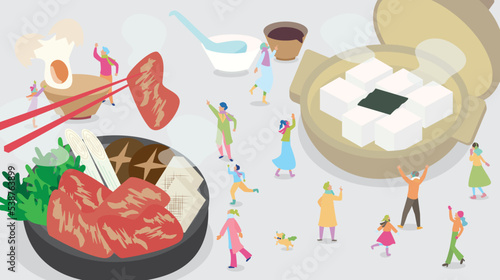 美味しそうなすき焼き、湯豆腐の冬グルメのアイソメイラスト