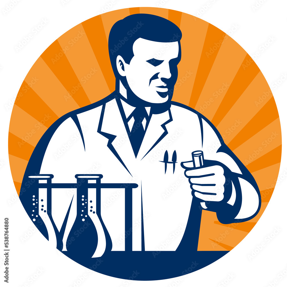 illustration of a laboratory scientist or research and development technician holding a vial or test set inside a circle.