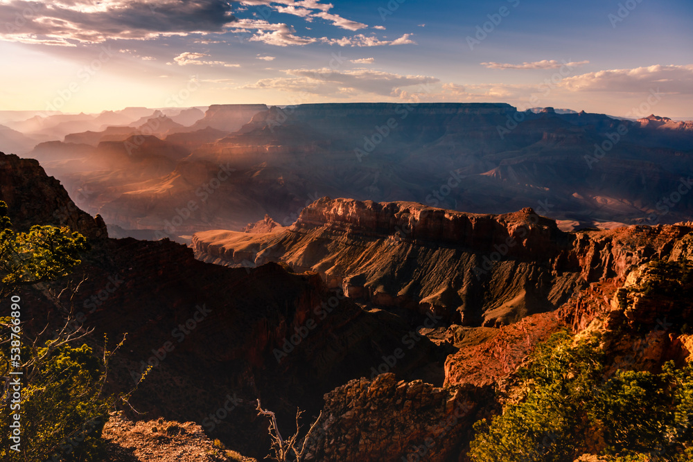 Grand Canyon south rim silhouette at golden sunset, Arizona, USA