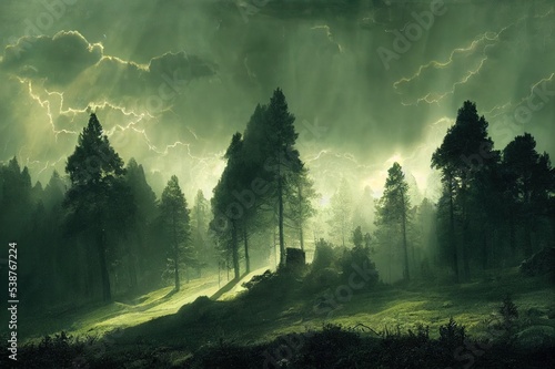 Wuthering heights, dark, atmospheric landscape with archway and fir trees, sunbeams after thunderstorm photo