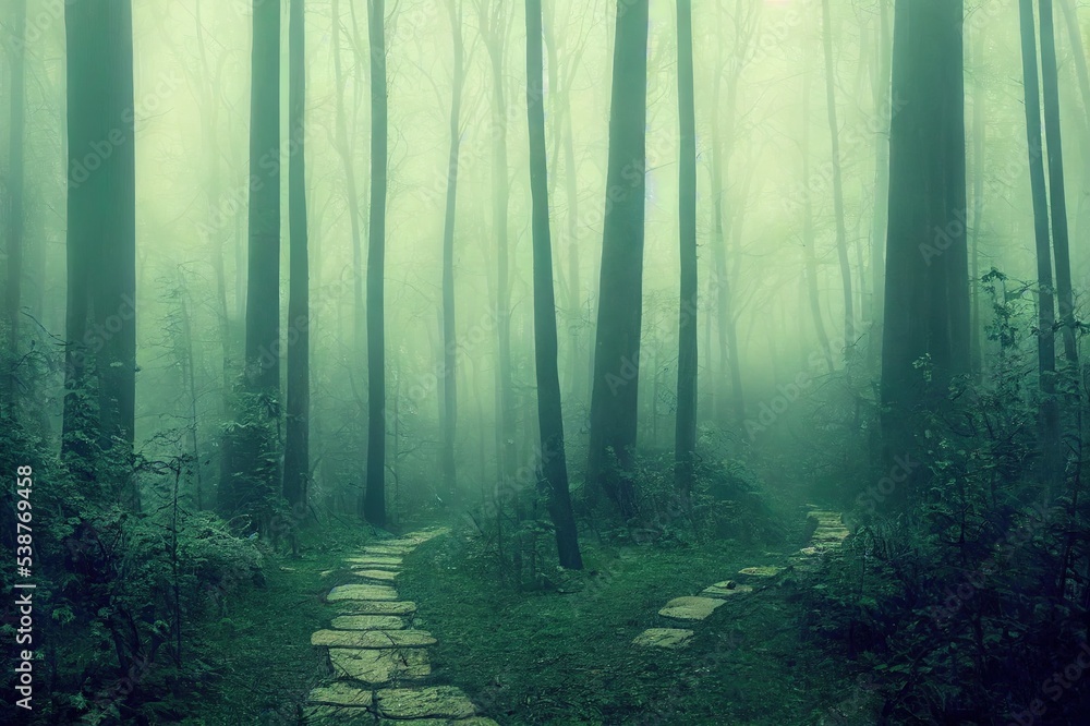 Naklejka premium Mysterious path. Mysterious forest. Road in the forest. Misty forest. Enchanted forest. Fog in the woods. Dark woods.