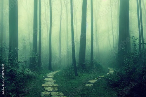 Mysterious path. Mysterious forest. Road in the forest. Misty forest. Enchanted forest. Fog in the woods. Dark woods.