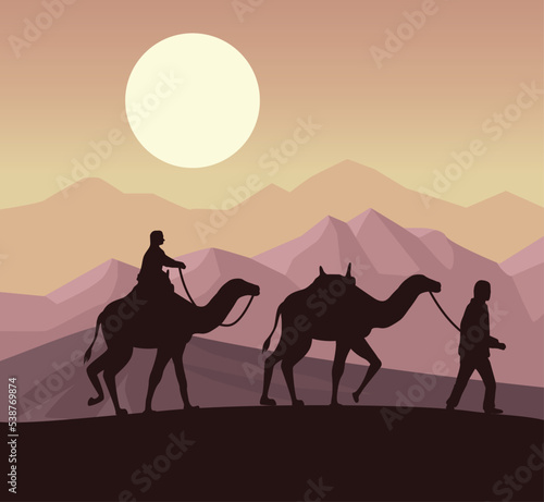 travelers and camels silhouettes