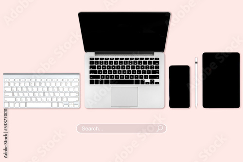 High angle view of a setting table with digital equipment and accessories of business workplace on modern background.