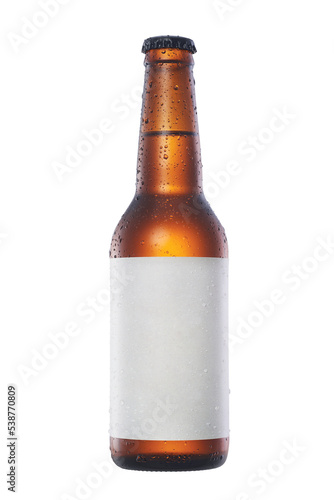 Bottle of beer with drops and white empty label isolated on white background