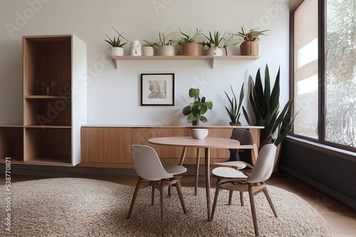 Pouf and brown rug near white cupboard in natural dining room interior with white chairs, plants and wooden shelves