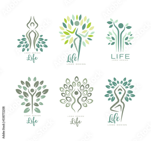 Life Logo Design with Human Silhouette as Tree with Lush Leaf Crown Vector Set