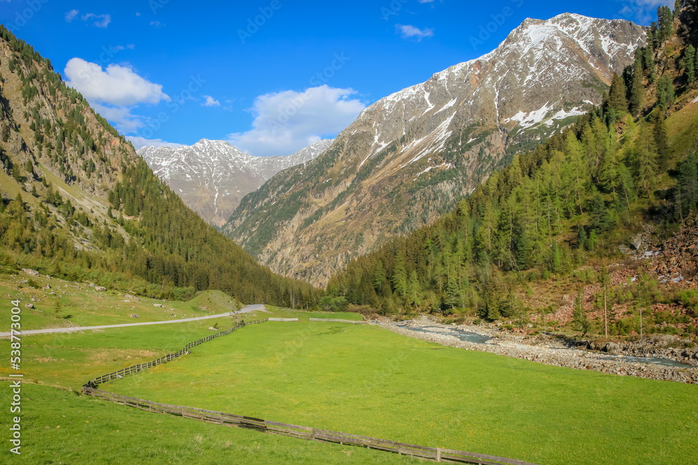 Alpine meadows in Stubai Valley and river, North Tyrol, Austria