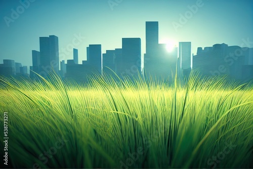 Grass field with city background. 3d rendering