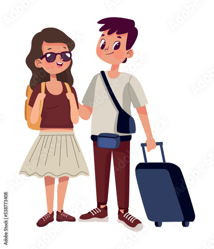 tourists couple with suitcase