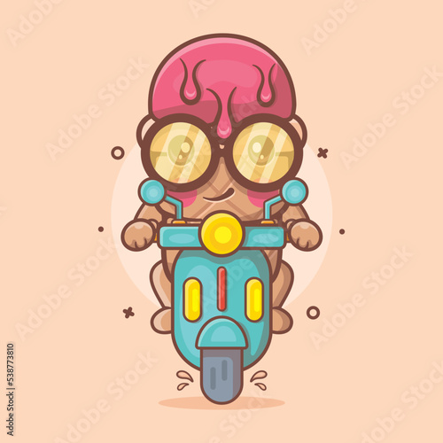cool ice cream use cone character mascot riding scooter motorcycle isolated cartoon in flat style design