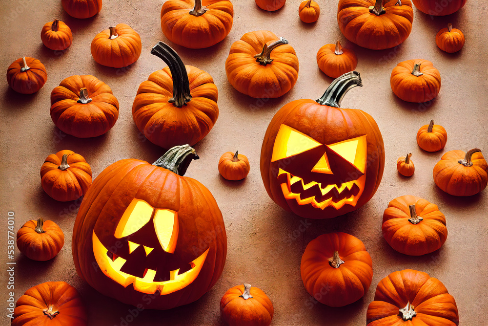 Halloween pumpkin head still life Jack O' Lanterns 3D Illustration Halloween pumpkin head still life Jack O' Lanterns 3D Illustration