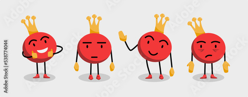 Set of red round mascot with crown. cartoon style mascot waving hand, thumbs up, disappointed, angry expressions. Suitable for brand identity, branding, marketing, promotion strategy