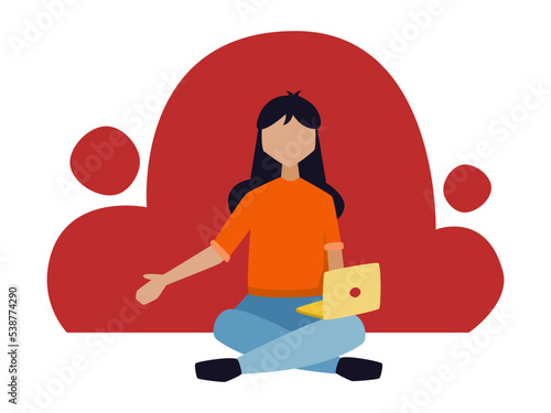 Woman working with laptop and sitting on the floor. Office element for finance and accounting company or business. workaholic themed flat vector illustration. 