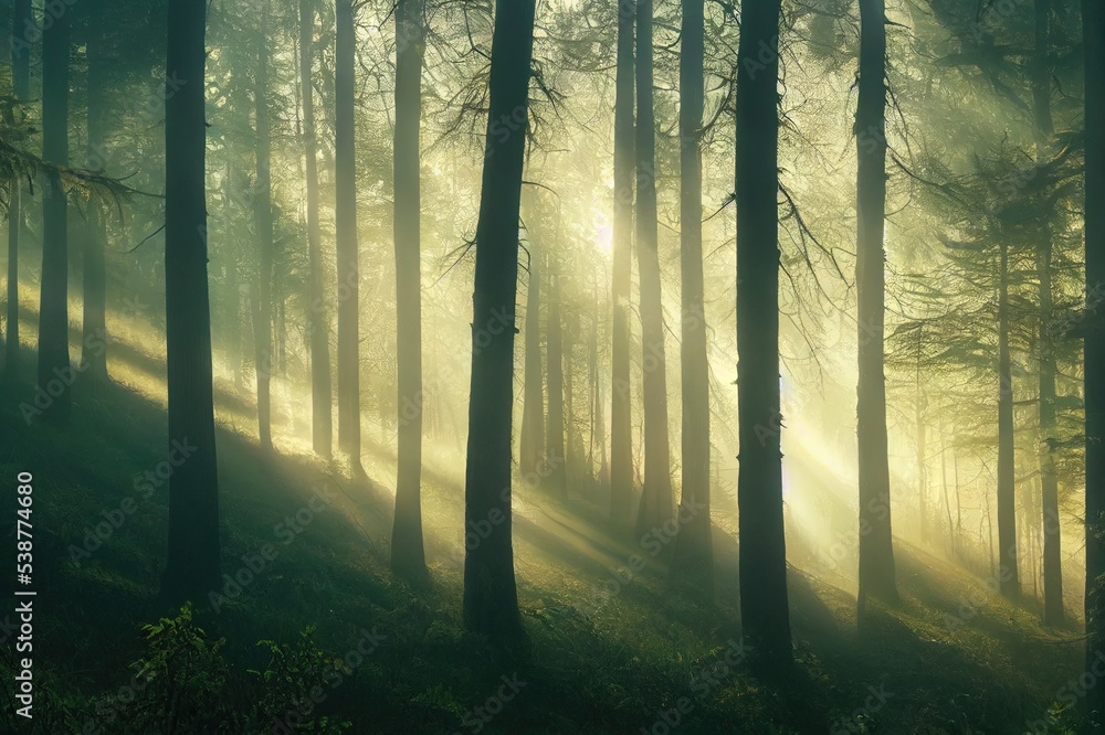 Obraz premium Panoramic view of the majestic evergreen forest in a morning fog. Mighty pine tree silhouettes. Atmospheric dreamlike summer landscape. Sun rays, mysterious golden light. Nature, fantasy, fairytale
