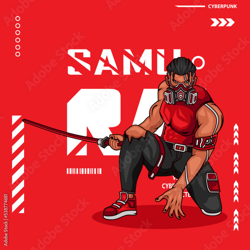 Samurai man in cyberpunk art style. Colorful fiction design with red background. Abstract vector illustration.