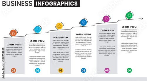 Creative concept with 6 steps. Can be used for workflow layout, diagrams, banners, and Web design. Vector illustration. Business Infographics Vector illustration.