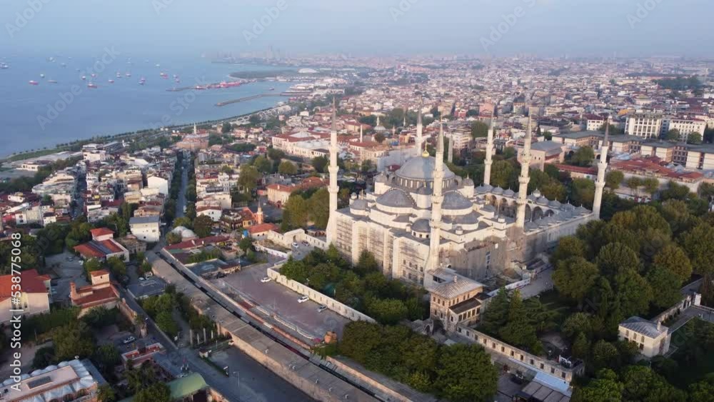 The Blue Mosque At Sultanahmet Square In Istanbul, Turkey - aerial drone shot The Blue Mosque At Sultanahmet Square In Istanbul, Turkey - aerial drone shot