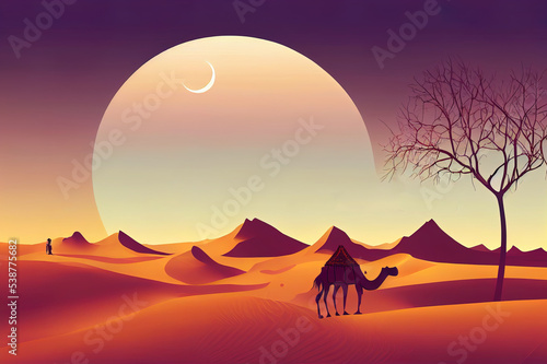 ramadan kareem illustration with desert scenery beautiful bright sky on the desert with camel  dates tree and caravan. 2d illustration.