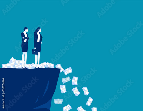 Frustrated business person standing on edge banknotes falling into abyss. Business devaluation financial crisis vector illustration