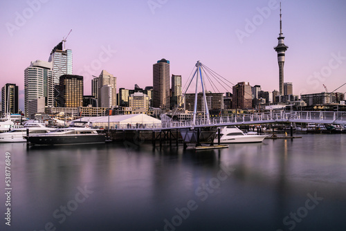 Auckland  New Zealand  Sunset over the Viaduct marina and Auckland business district skyscrapers in New Zealand largest city