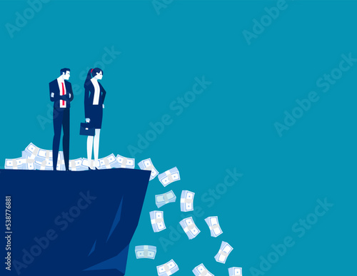 Frustrated business person standing on edge banknotes falling into abyss. Business devaluation financial crisis vector illustration