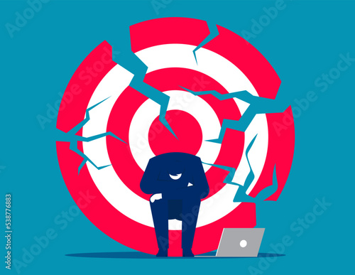 Businessman sitting near crashed target. Business loss investment vector illustration