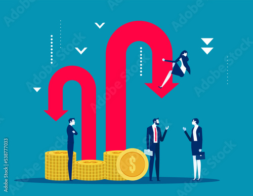 Businesspeople near downward arrows recession. Business financial crisis bankruptcy vector illustration