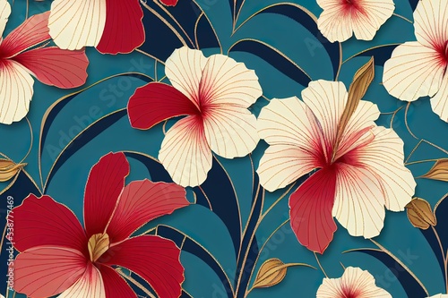 Hawaiian hibiscus and tribal element fabric patchwork abstract vintage 2d seamless pattern