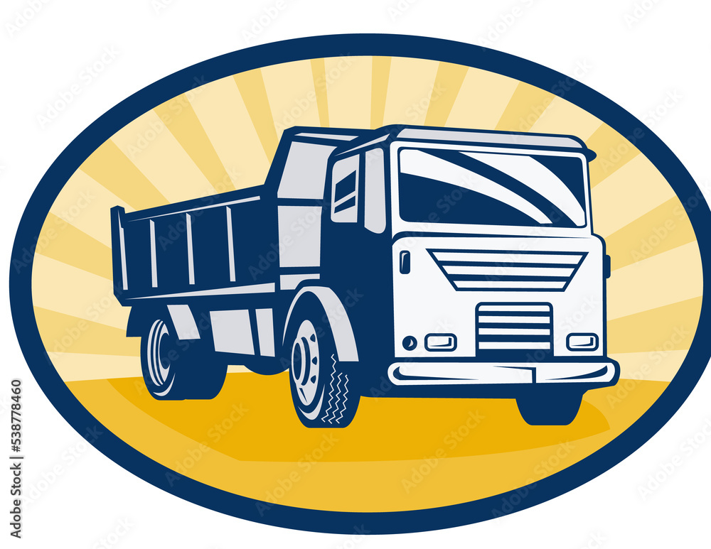 illustration of a dumper or dump truck viewed from a low angle with sunburst in background