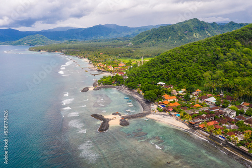 Candidasa, Bali: Aerial drone view of the Candidasa beach and coastline in eastern Bali in Indonesia photo